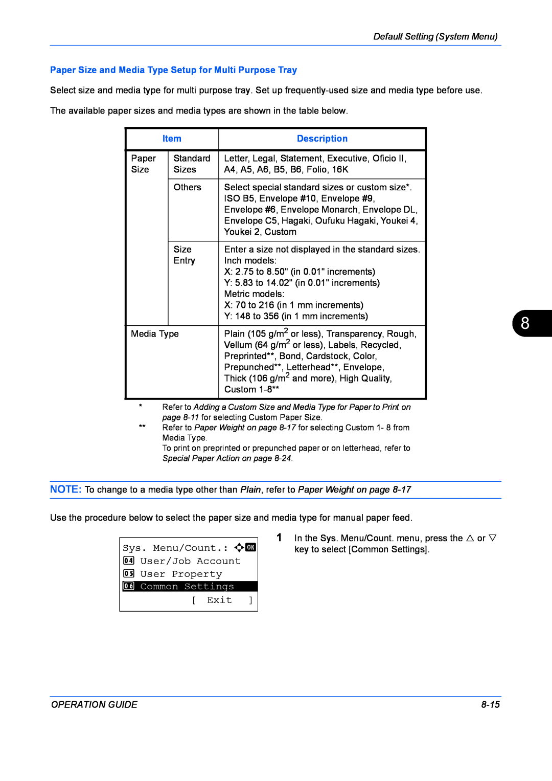 Kyocera FS-1128MFP Default Setting System Menu, Paper Size and Media Type Setup for Multi Purpose Tray, Description, 8-15 