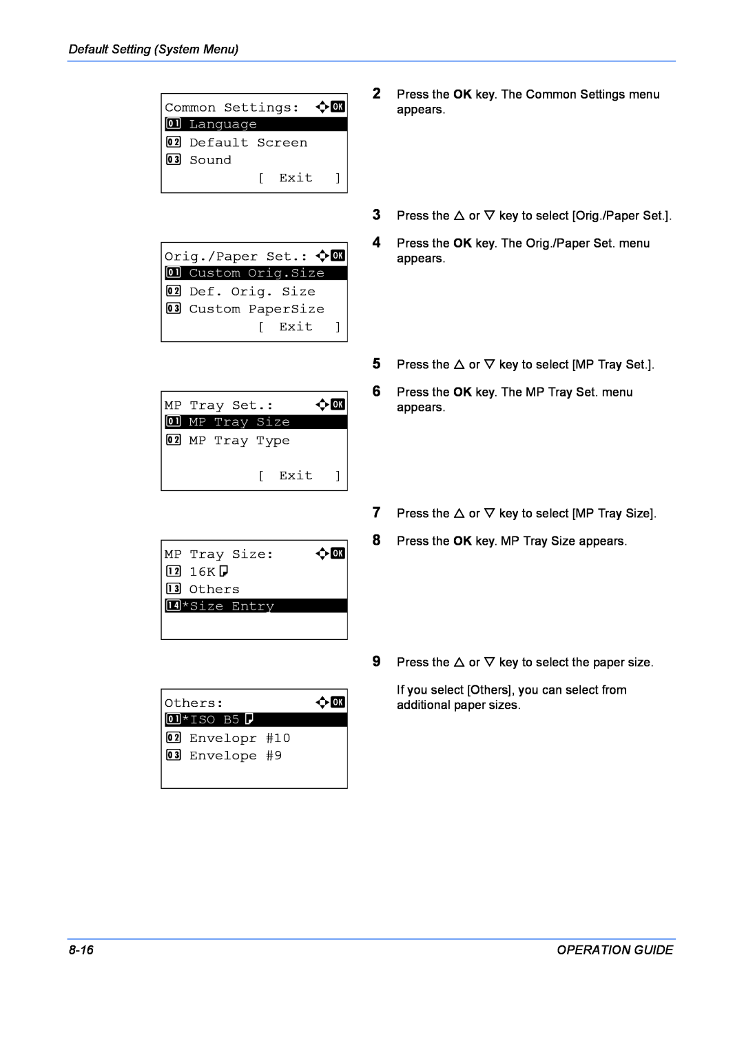 Kyocera FS-1028MFP Common Settings a b, Default Screen 3 Sound Exit Orig./Paper Set. a b, MP Tray Type Exit, Others, 8-16 