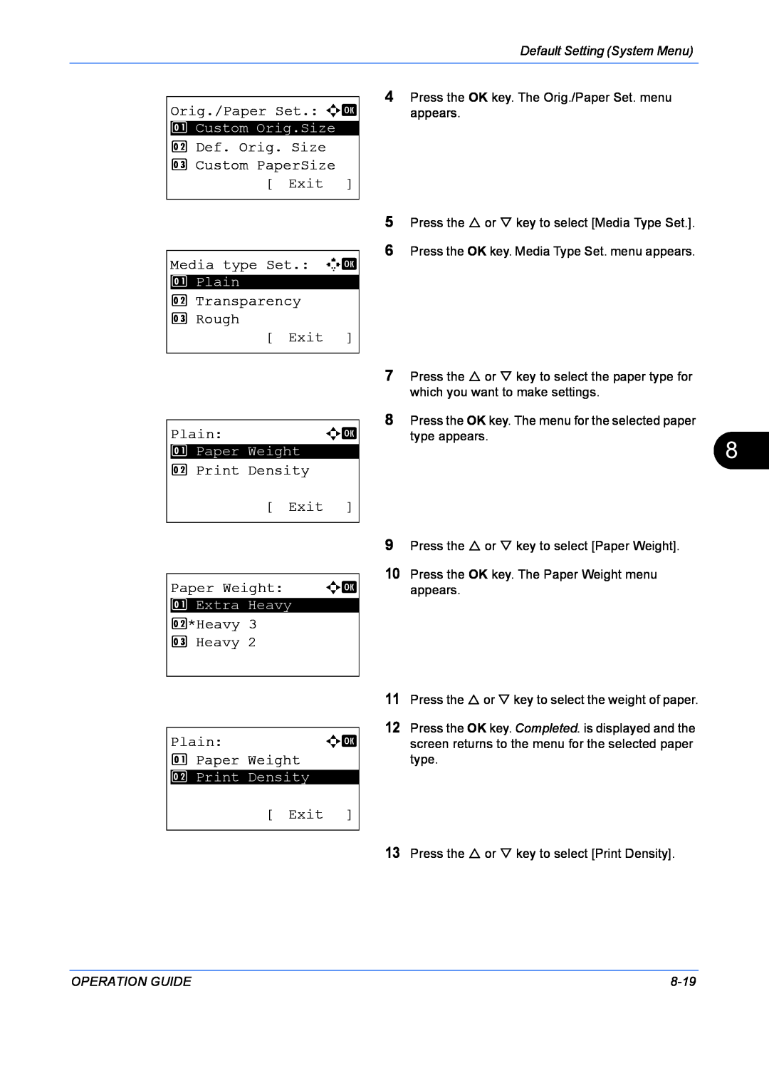 Kyocera FS-1128MFP manual Orig./Paper Set. a b, 2 Def. Orig. Size 3 Custom PaperSize Exit Media type Set. K b, Plain, 8-19 