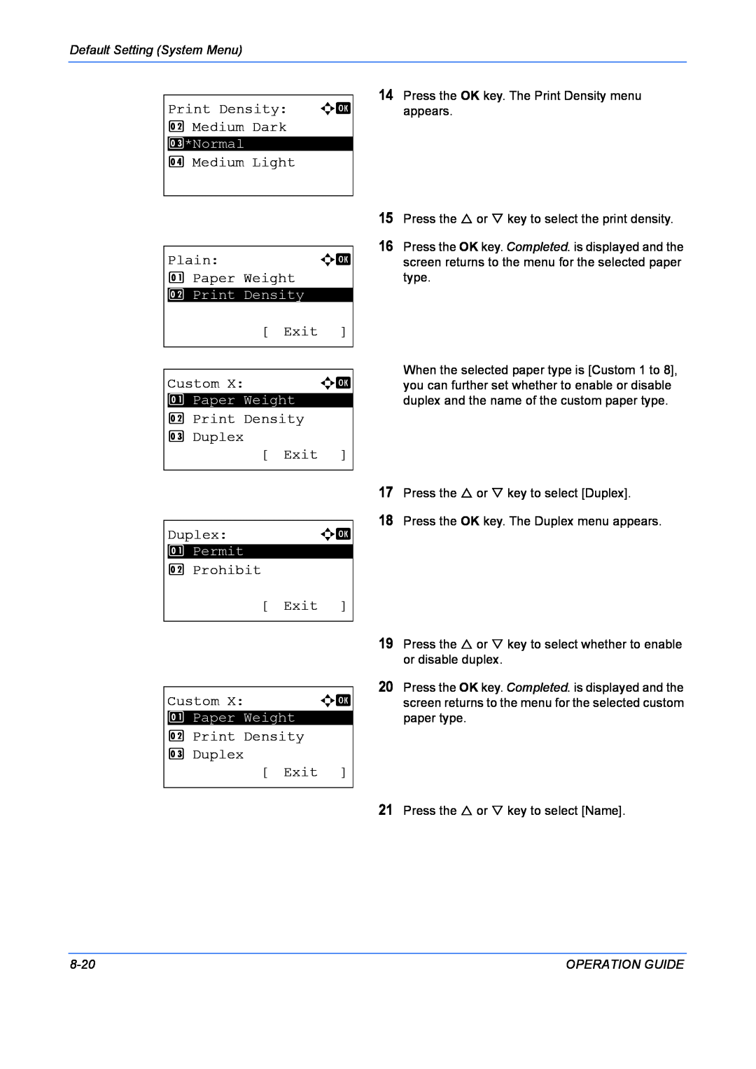 Kyocera FS-1028MFP, FS-1128MFP manual Press the OK key. The Print Density menu appears 