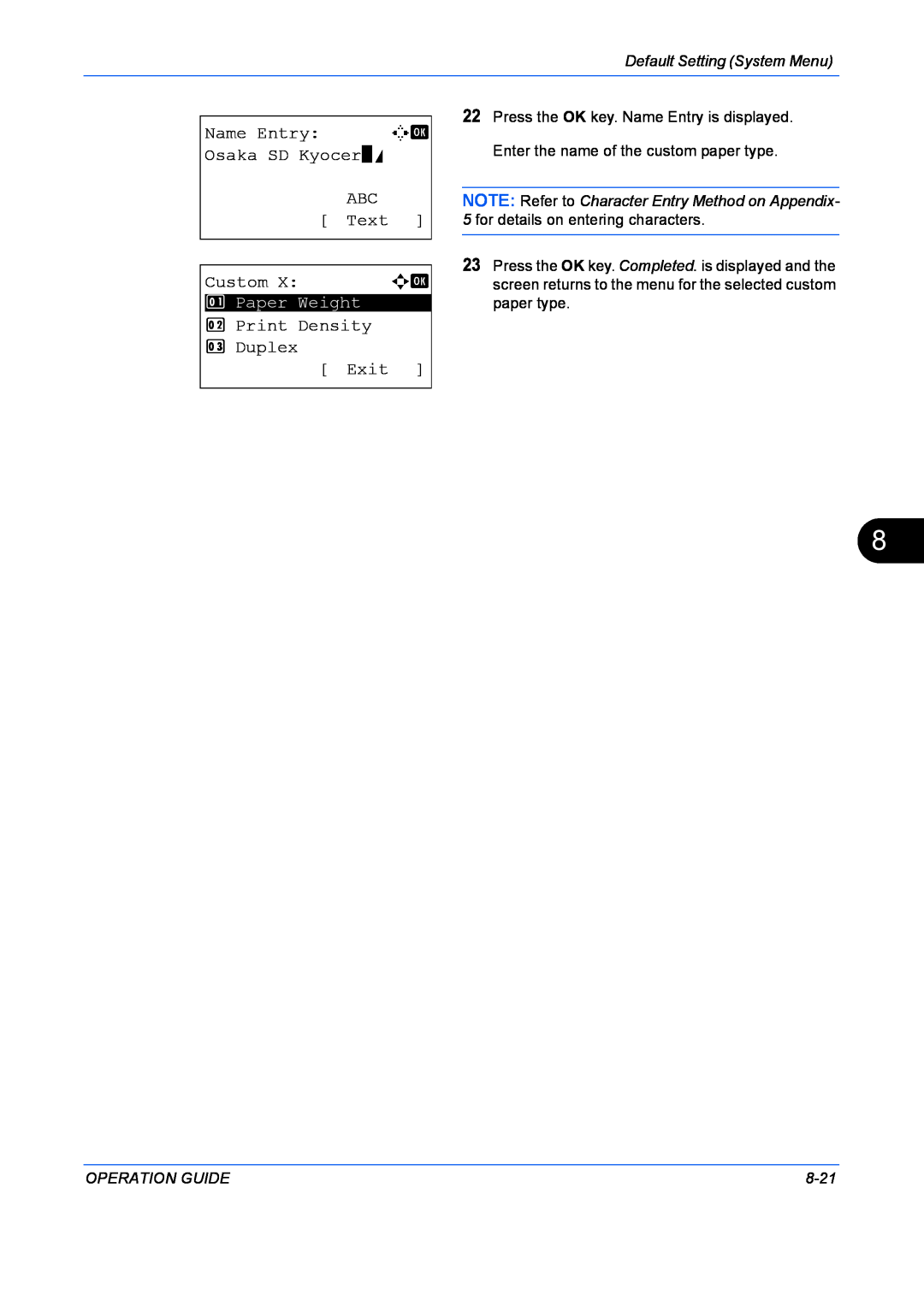 Kyocera FS-1128MFP Name Entry, Osaka SD Kyocer*S, Text, Custom, Print Density 3 Duplex Exit, Default Setting System Menu 