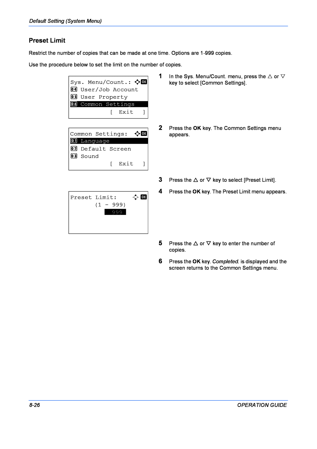 Kyocera FS-1028MFP Preset Limit, Sys. Menu/Count. a b 4 User/Job Account 5 User Property, Exit, Common Settings a b, 8-26 