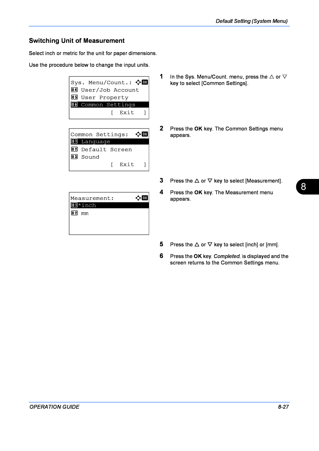 Kyocera FS-1128MFP Switching Unit of Measurement, Sys. Menu/Count. a b 4 User/Job Account 5 User Property, Exit, 2 mm 