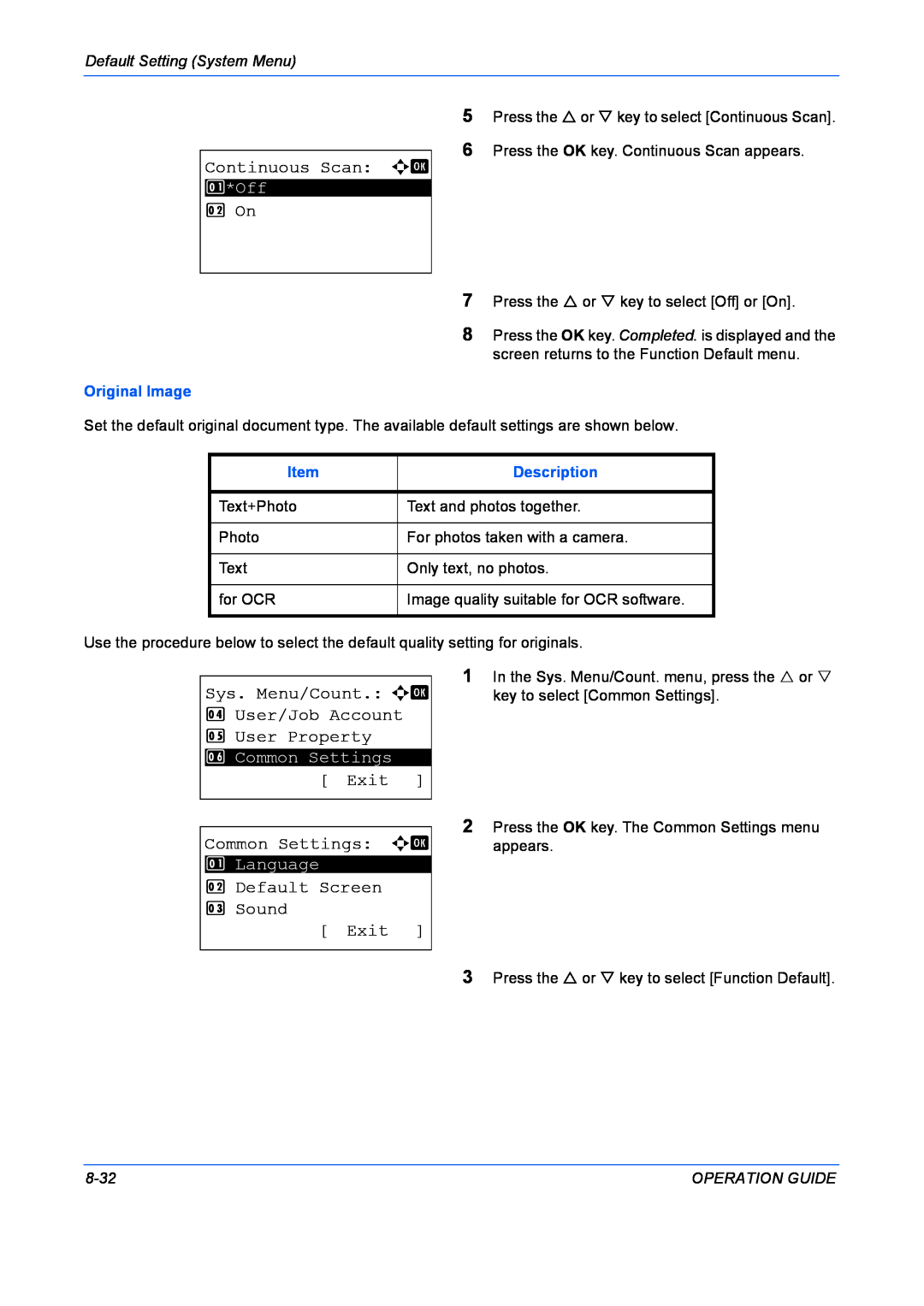 Kyocera FS-1028MFP manual Continuous Scan a b, 2 On, Exit, Default Setting System Menu, Original Image, Description, 8-32 