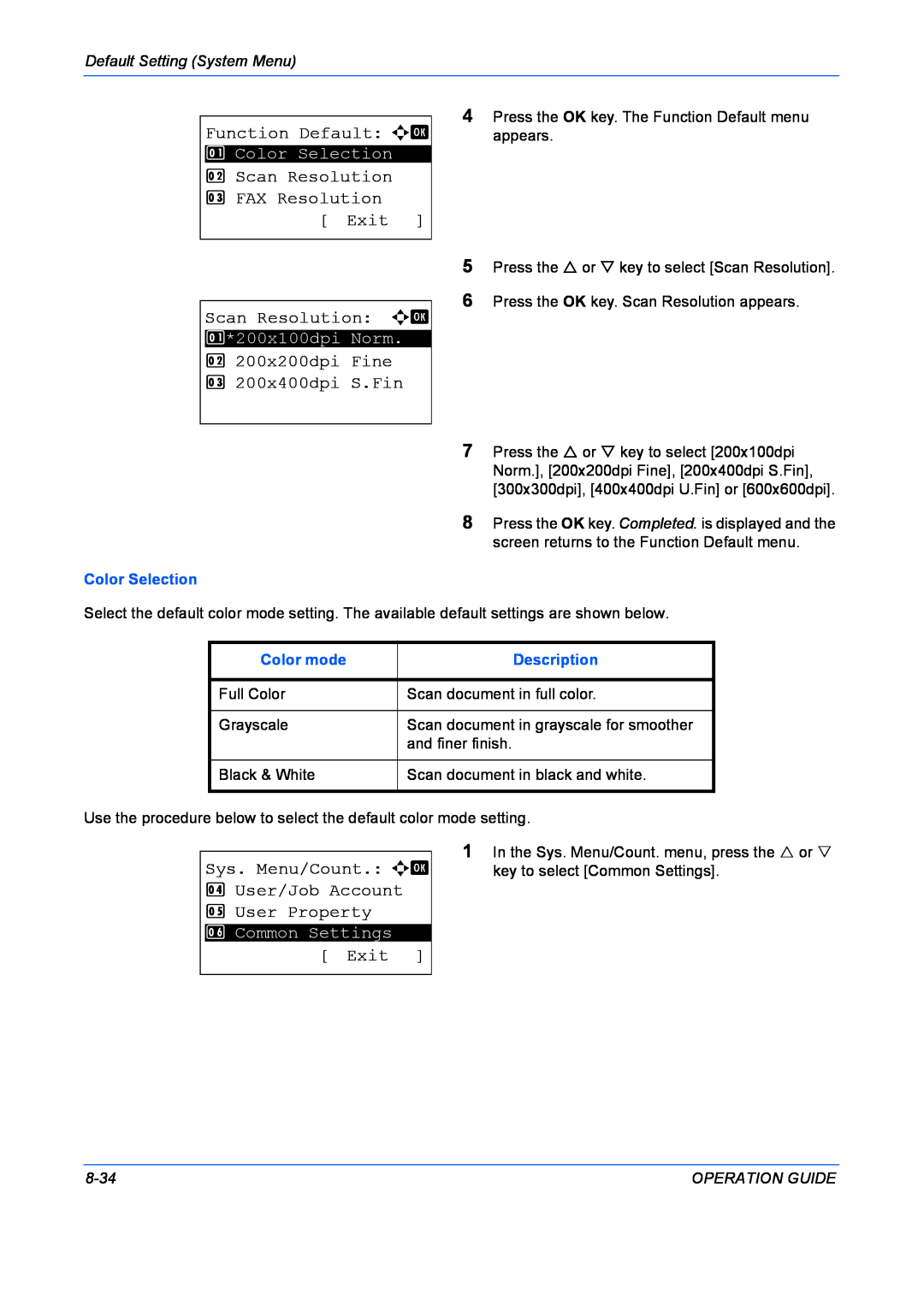 Kyocera FS-1028MFP Function Default a b, Scan Resolution 3 FAX Resolution Exit Scan Resolution a b, Color Selection, 8-34 