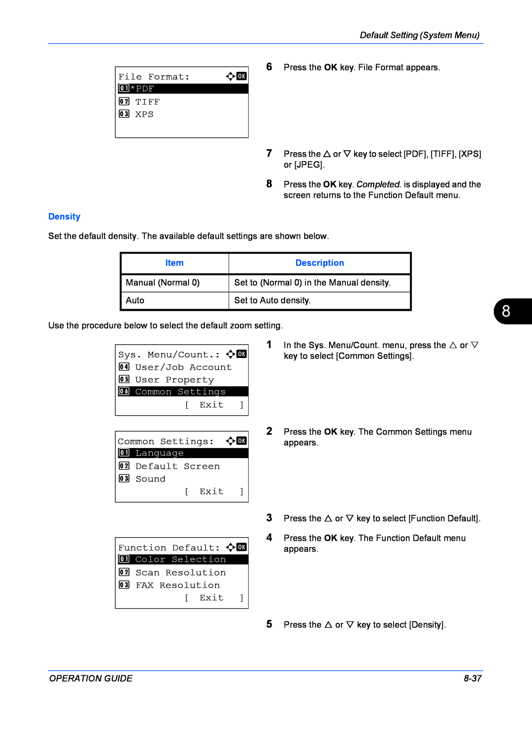 Kyocera FS-1128MFP File Format, TIFF 3 XPS, Sys. Menu/Count. a b 4 User/Job Account 5 User Property, Exit, Density, 8-37 