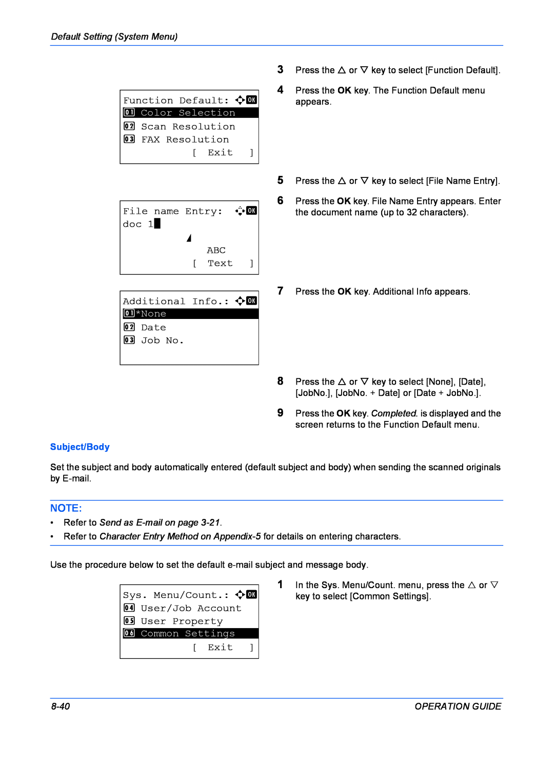 Kyocera FS-1028MFP Function Default a b, Scan Resolution 3 FAX Resolution Exit File name Entry A b doc, Date 3 Job No 