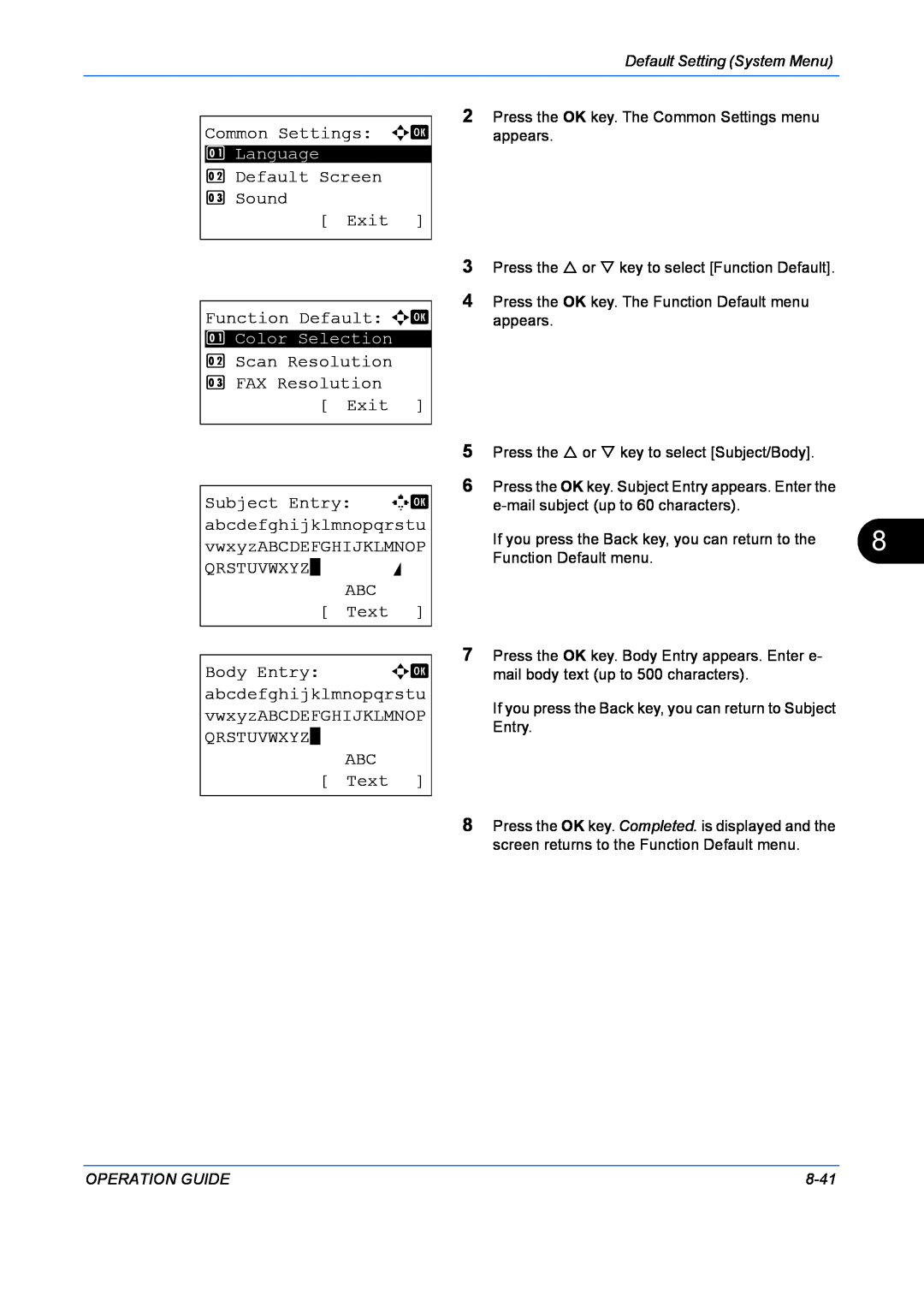 Kyocera FS-1128MFP Common Settings a b, Default Screen 3 Sound Exit Function Default a b, Qrstuvwxyz* S, Text, Body Entry 