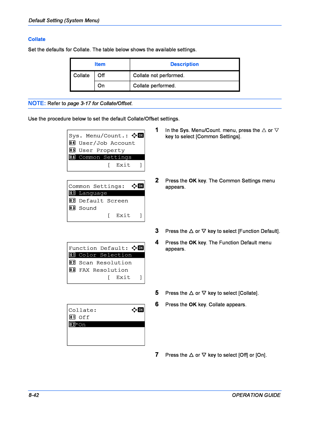 Kyocera FS-1028MFP Exit Function Default a b, Scan Resolution 3 FAX Resolution Exit, Collate, 1 Off, Description, 8-42 