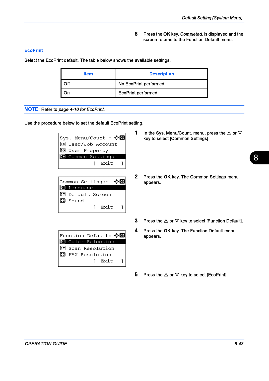 Kyocera FS-1128MFP manual Sys. Menu/Count. a b 4 User/Job Account 5 User Property, Exit Common Settings a b, EcoPrint, 8-43 