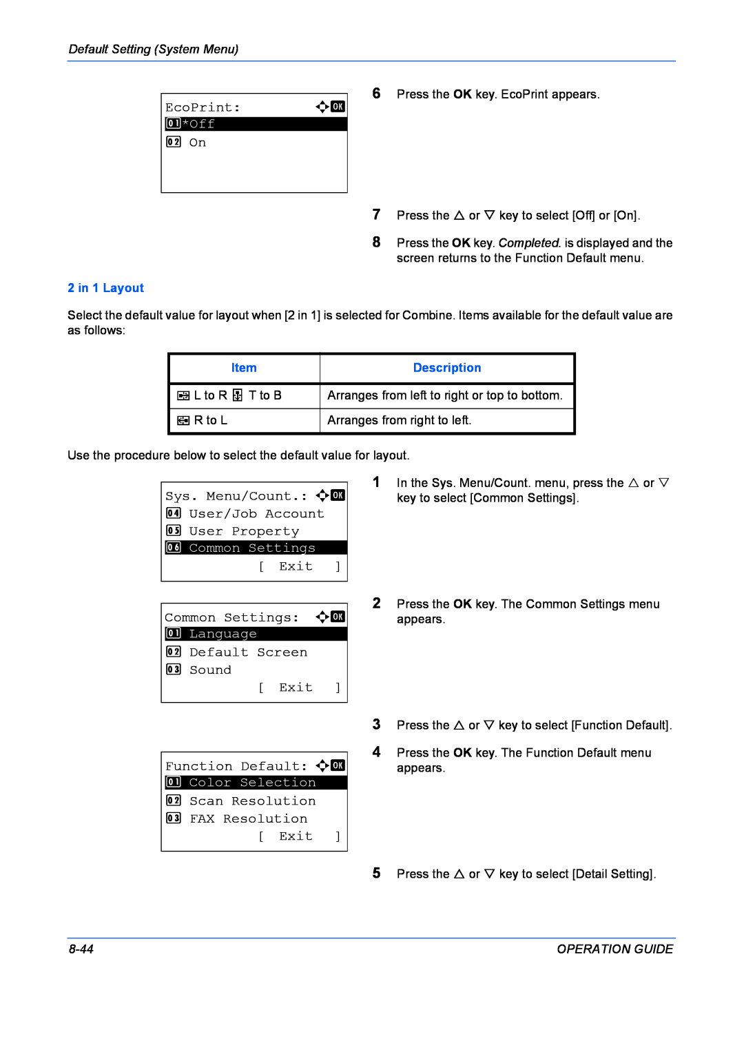 Kyocera FS-1028MFP EcoPrint, 2 On, Sys. Menu/Count. a b 4 User/Job Account 5 User Property, Exit, Common Settings a b 