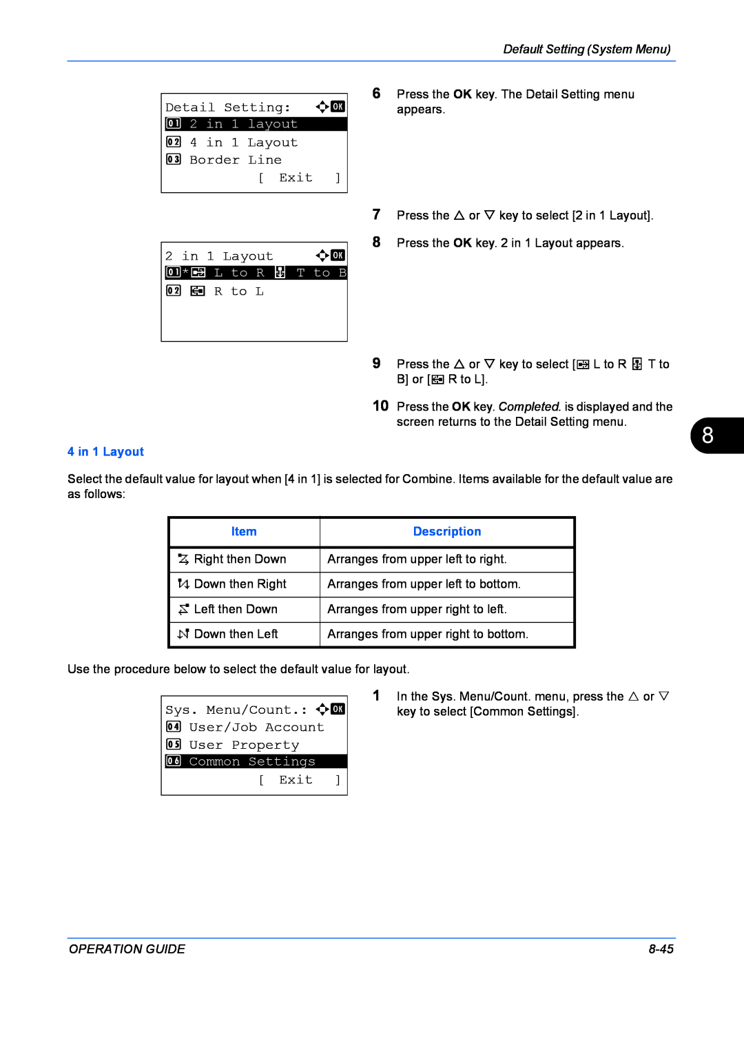 Kyocera FS-1128MFP Detail Setting a b, 2 4 in 1 Layout 3 Border Line Exit, 2 in 1 Layout, e R to L, Description, 8-45 