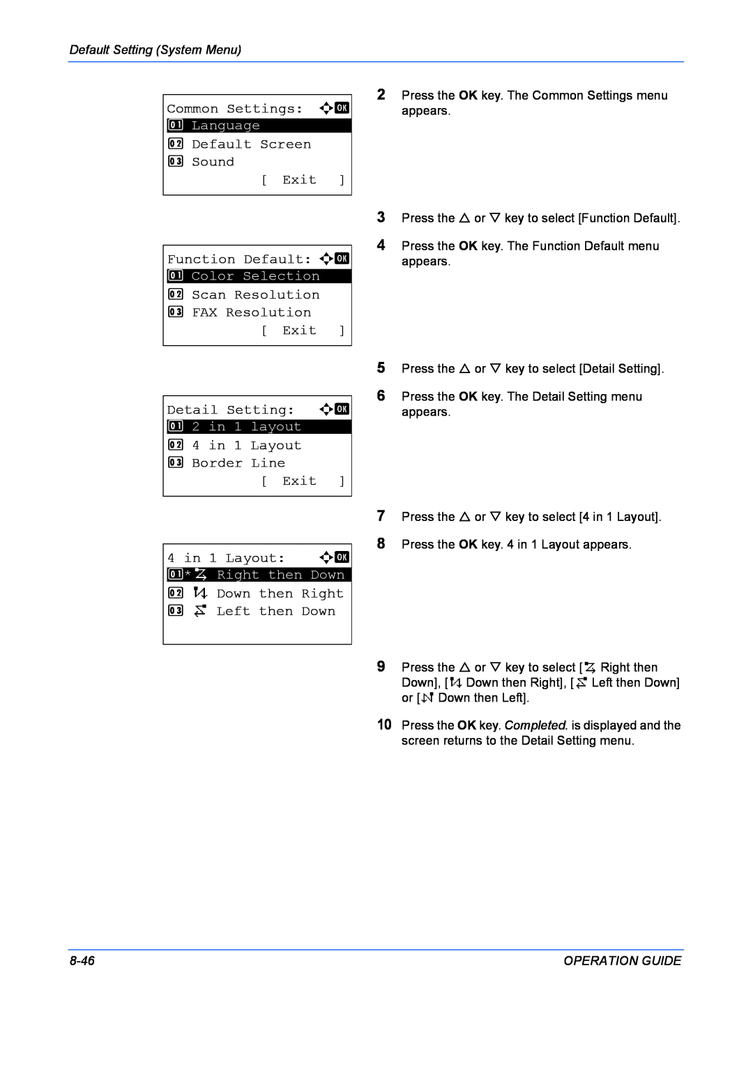 Kyocera FS-1028MFP Common Settings a b, Default Screen 3 Sound Exit Function Default a b, Default Setting System Menu 