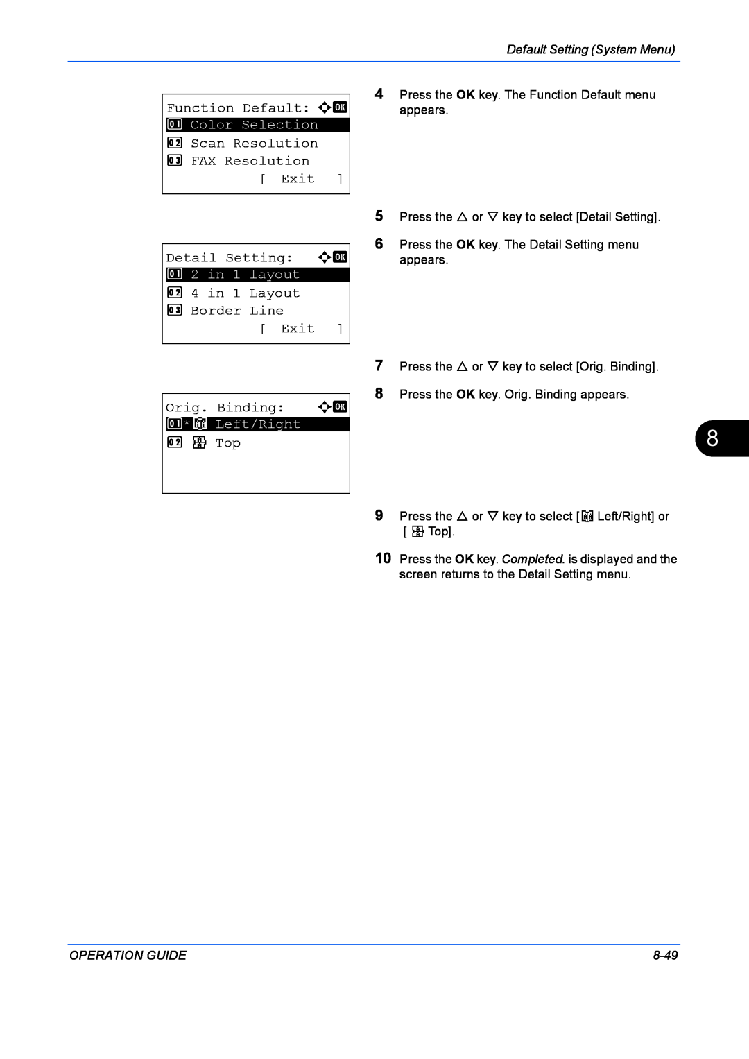 Kyocera FS-1128MFP Function Default a b, Scan Resolution 3 FAX Resolution Exit Detail Setting a b, p Top, Operation Guide 