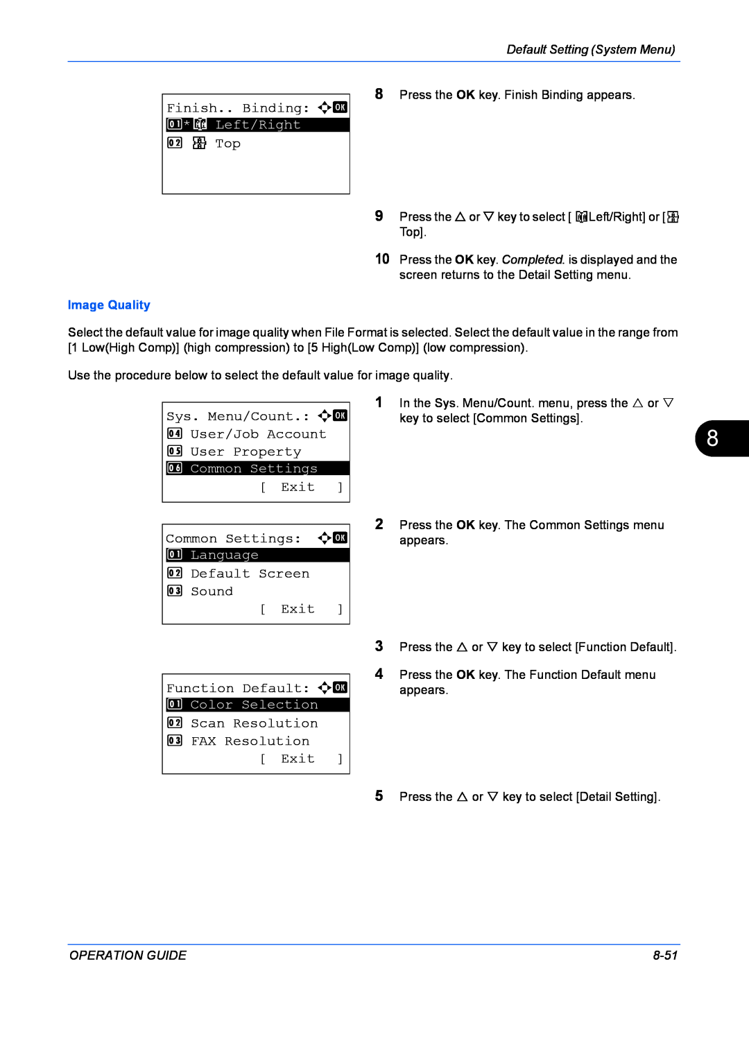 Kyocera FS-1128MFP manual Finish.. Binding a b, p Top, Sys. Menu/Count. a b 4 User/Job Account 5 User Property, Exit, 8-51 