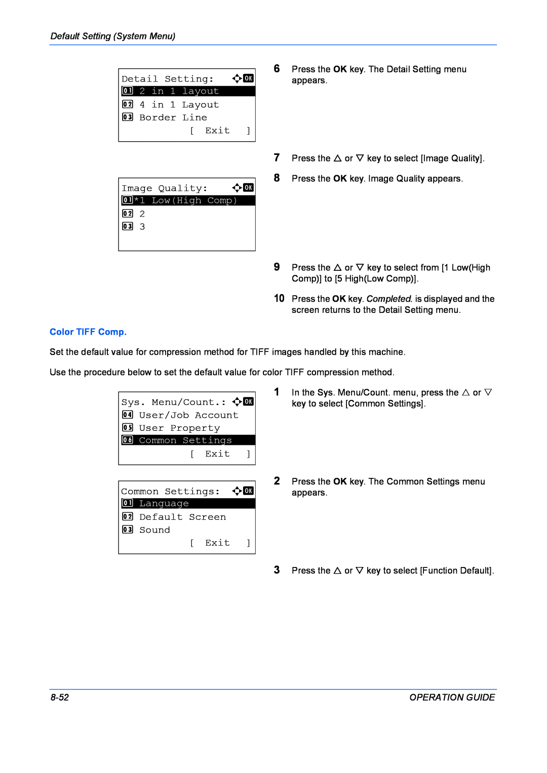 Kyocera FS-1028MFP Detail Setting a b, 2 4 in 1 Layout 3 Border Line Exit Image Quality a b, Common Settings a b, 8-52 