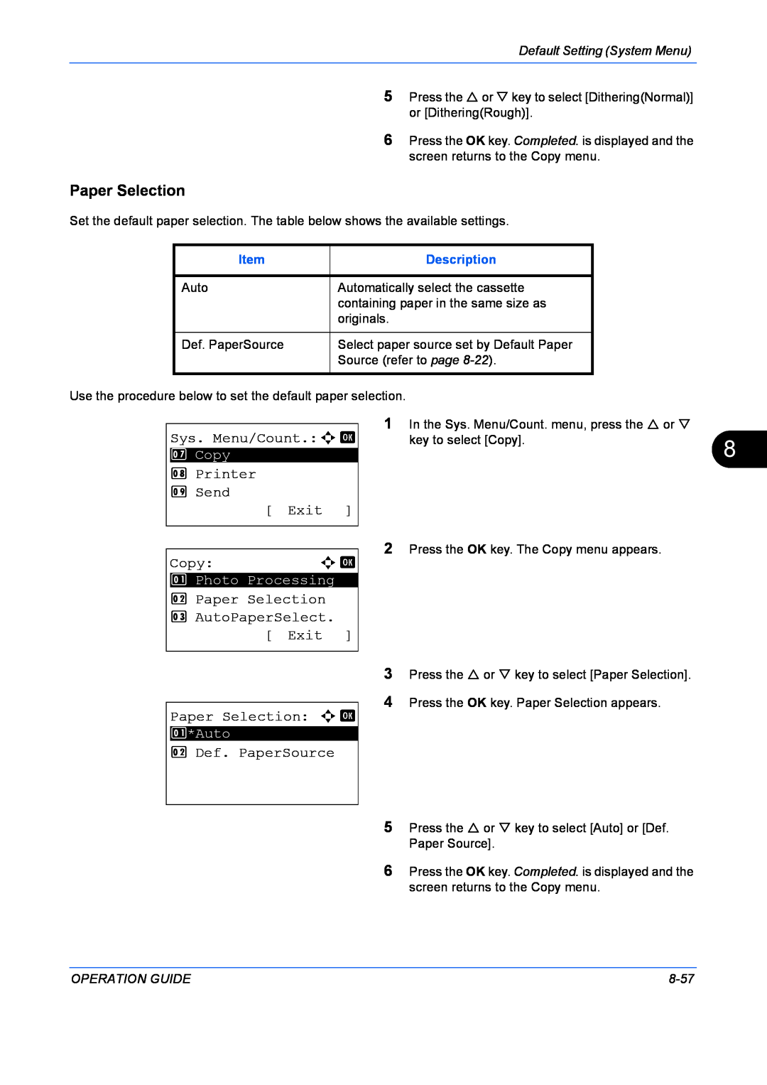 Kyocera FS-1128MFP Paper Selection, Sys. Menu/Count.a b, Printer, Send, Exit, Copy, 2 Def. PaperSource, Description, 8-57 