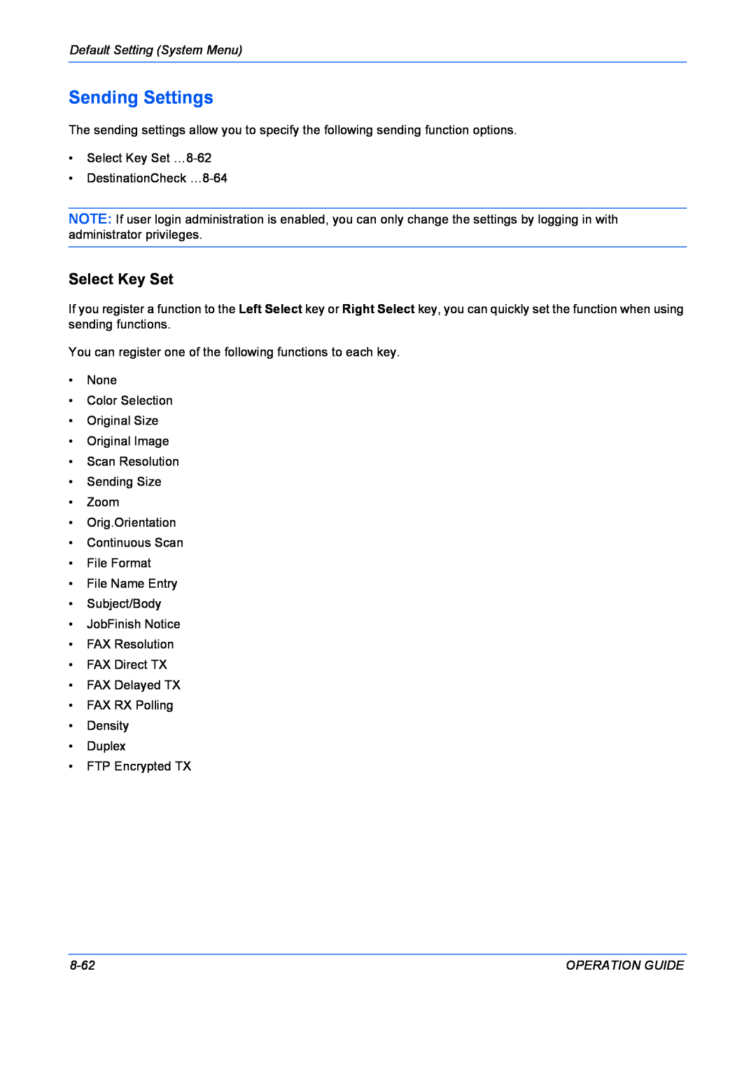Kyocera FS-1028MFP, FS-1128MFP manual Sending Settings, Select Key Set, Default Setting System Menu, 8-62, Operation Guide 