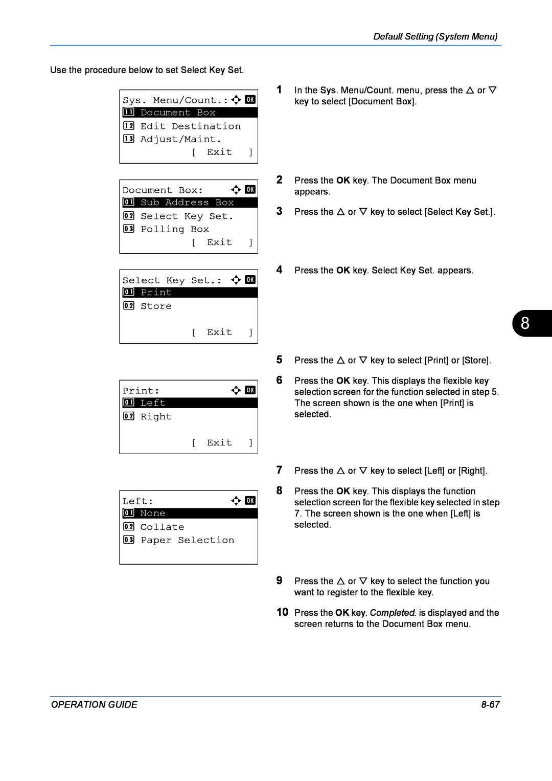 Kyocera FS-1128MFP Sys. Menu/Count.a b, Edit Destination = Adjust/Maint Exit, Document Box a b, Select Key Set. a b, 8-67 