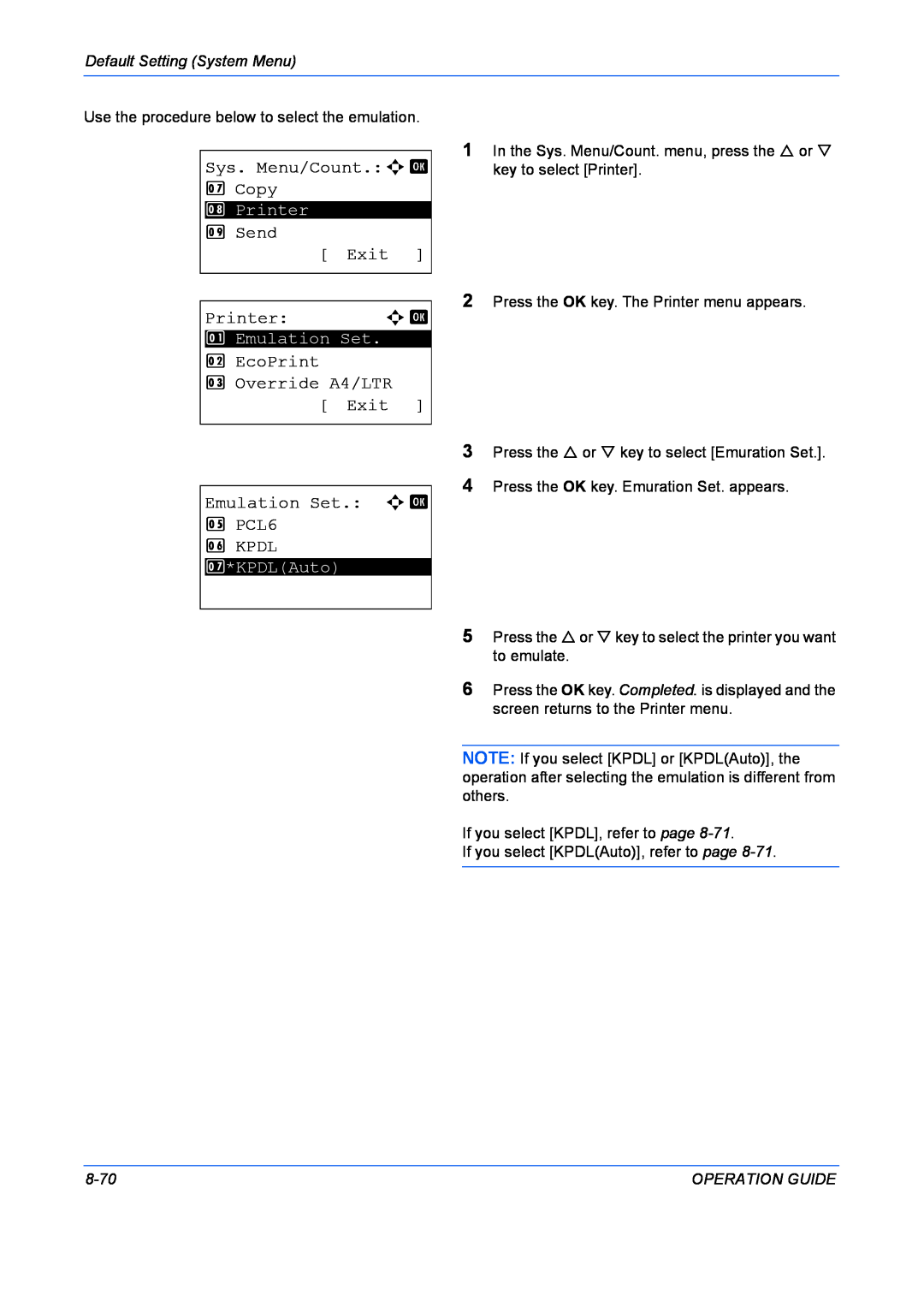 Kyocera FS-1028MFP Sys. Menu/Count.a, Copy, Send, Printer, EcoPrint 3 Override A4/LTR Exit, 8-70, Operation Guide 