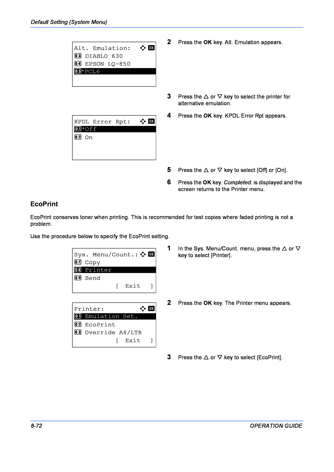 Kyocera FS-1028MFP EcoPrint, Alt. Emulation a b 3 DIABLO 4 EPSON LQ-850, KPDL Error Rpt a b, 2 On, Send Exit Printer a b 