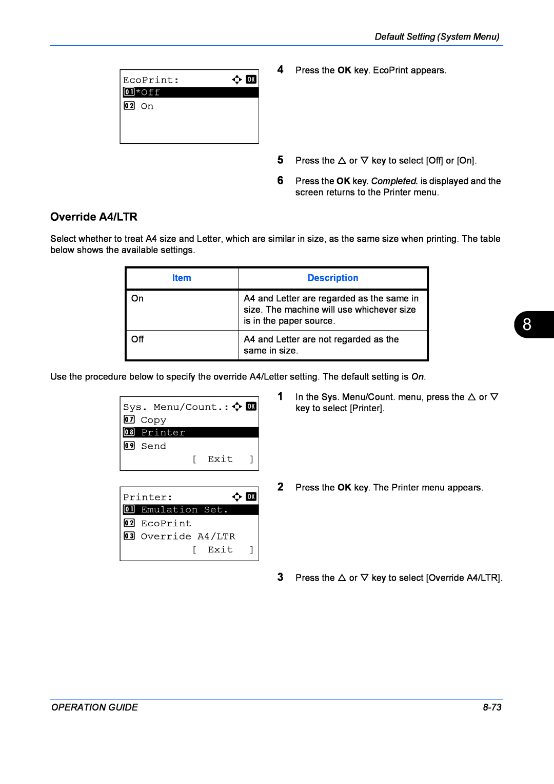 Kyocera FS-1128MFP Override A4/LTR, EcoPrint, 2 On, Sys. Menu/Count.a b 7 Copy, Send Exit Printer a b, Description, 8-73 