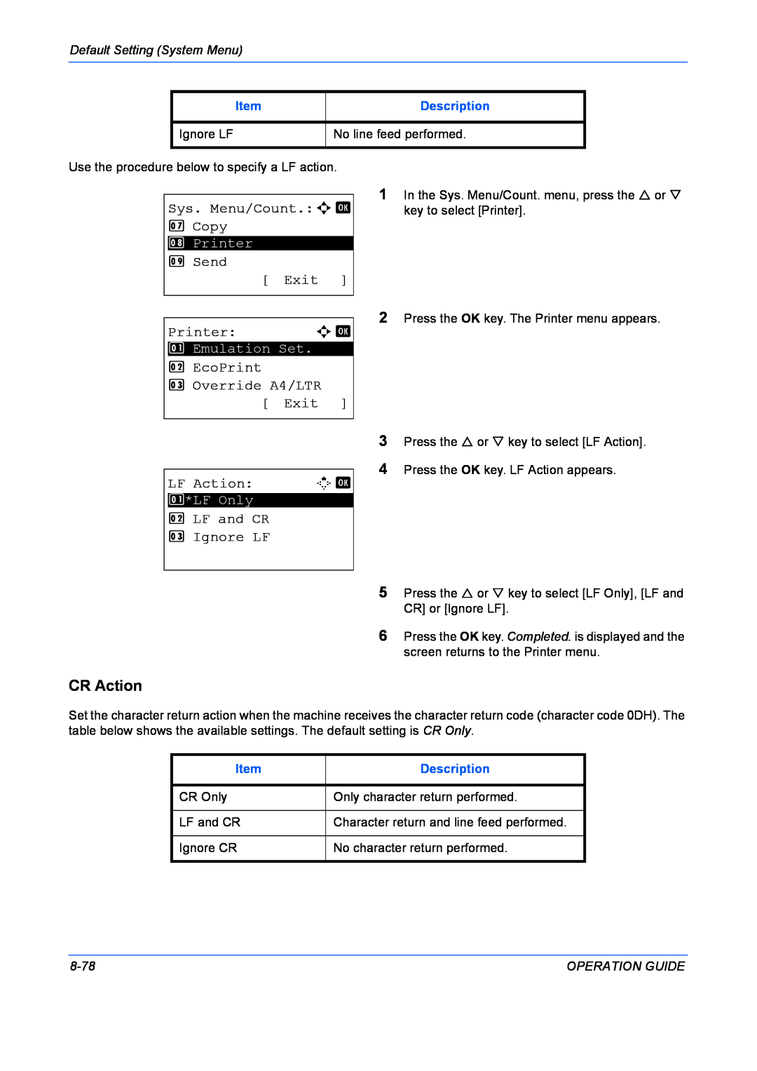 Kyocera FS-1028MFP CR Action, Sys. Menu/Count.a b 7 Copy, Send Exit Printer a b, EcoPrint 3 Override A4/LTR Exit, 8-78 