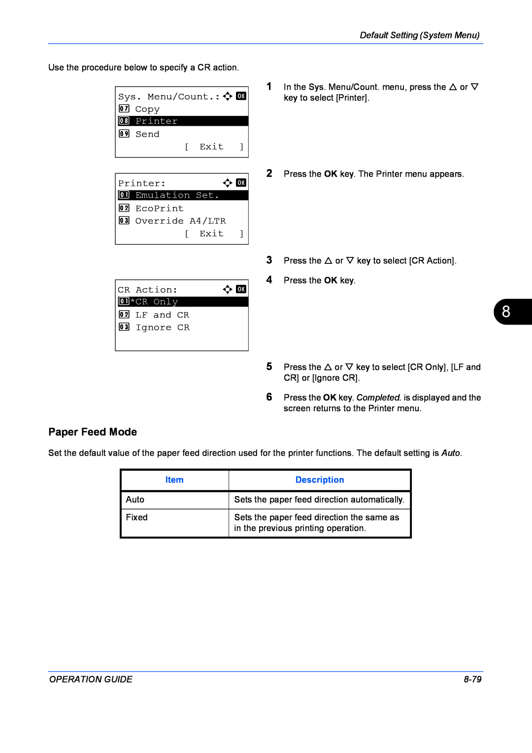 Kyocera FS-1128MFP Paper Feed Mode, Sys. Menu/Count.a b 7 Copy, Send Exit Printer a b, EcoPrint 3 Override A4/LTR Exit 