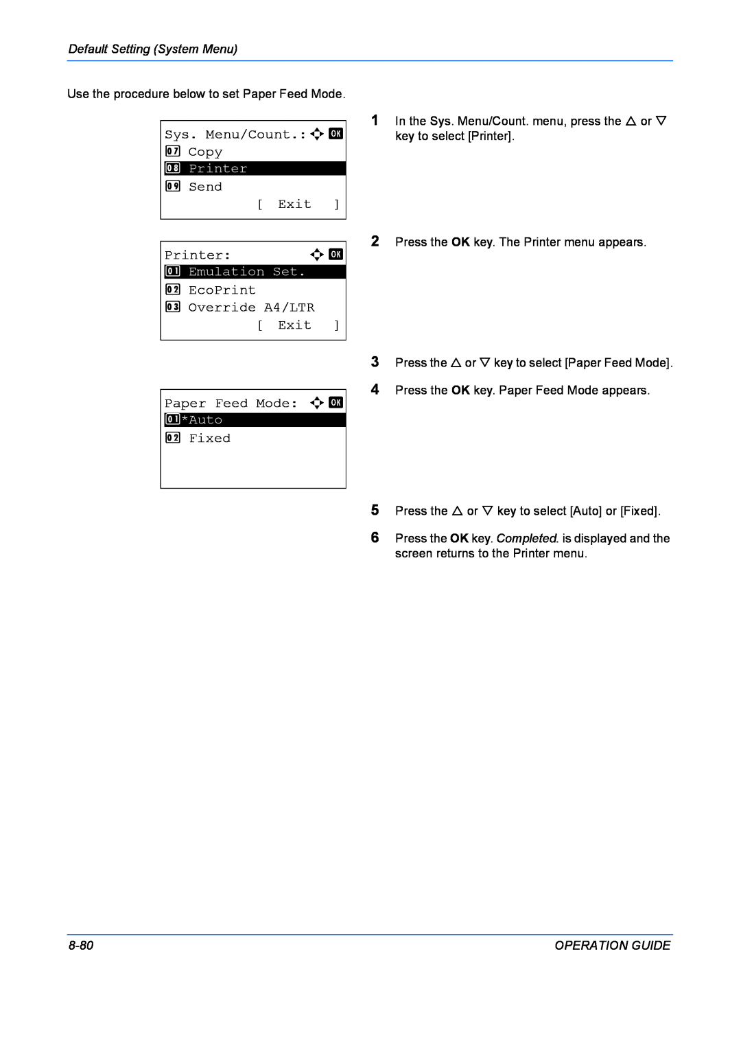 Kyocera FS-1028MFP Sys. Menu/Count.a, Copy, Send, Printer, EcoPrint 3 Override A4/LTR Exit, Paper Feed Mode a b, Fixed 