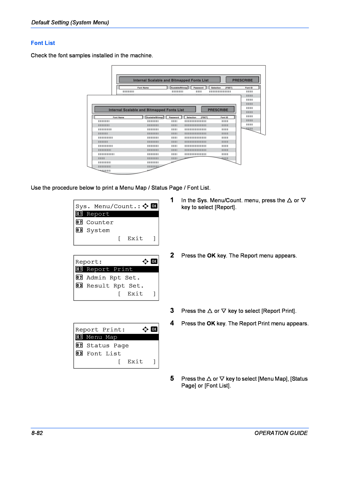 Kyocera FS-1028MFP manual Reporta b, Admin Rpt Set 3 Result Rpt Set Exit Report Print a b, Status Page 3 Font List Exit 
