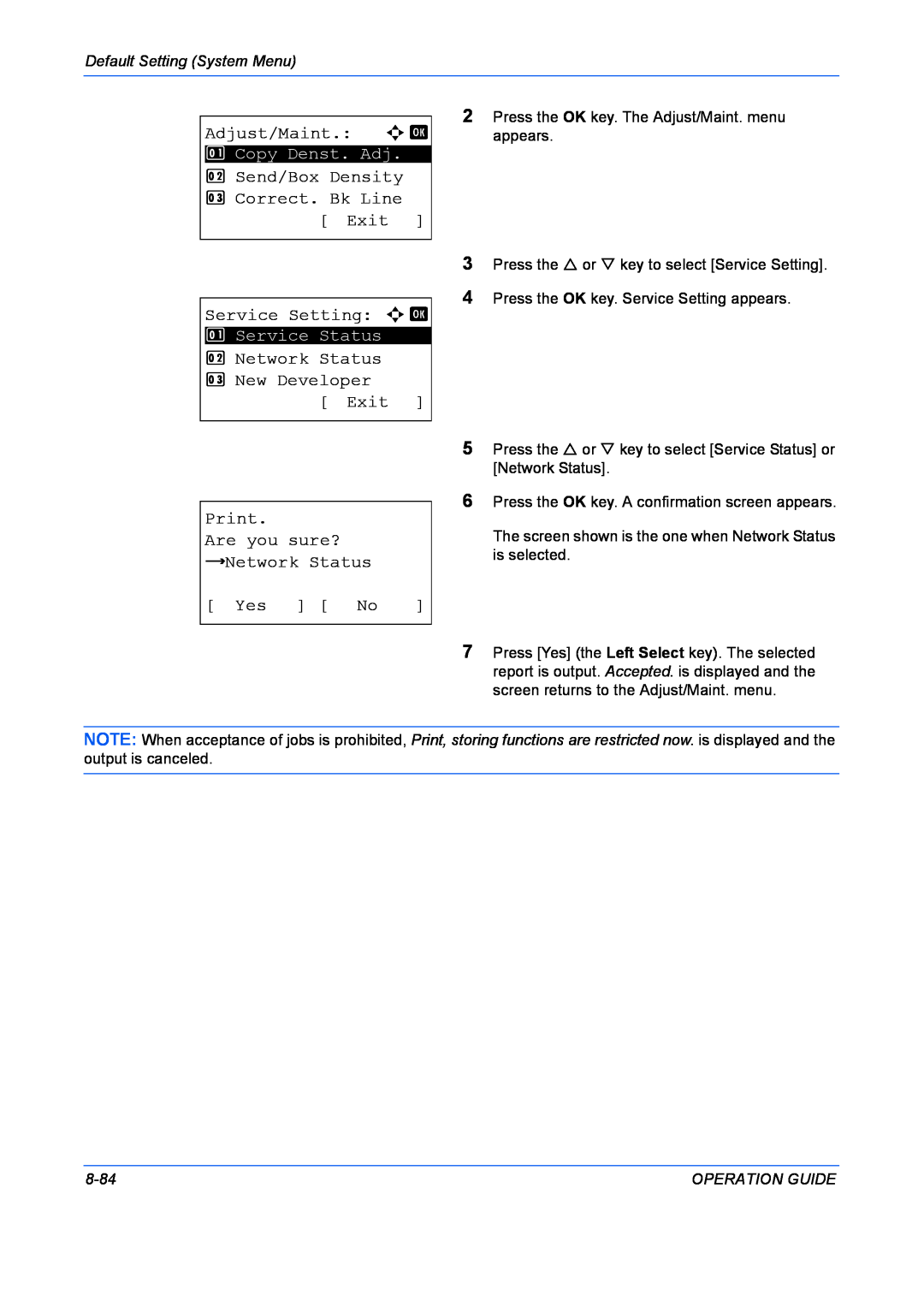 Kyocera FS-1028MFP manual Adjust/Maint. a b, Send/Box Density 3 Correct. Bk Line Exit Service Setting a b, Yes No, 8-84 