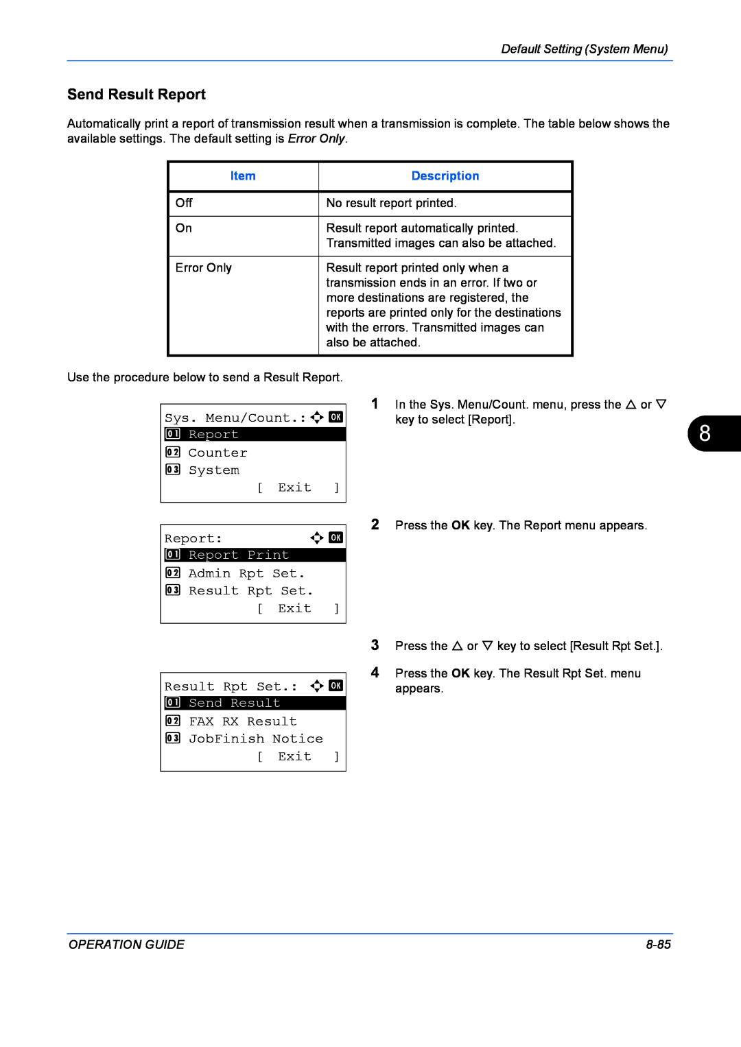 Kyocera FS-1128MFP Send Result Report, Sys. Menu/Count.a b, Counter, System, Admin Rpt Set 3 Result Rpt Set Exit, 8-85 