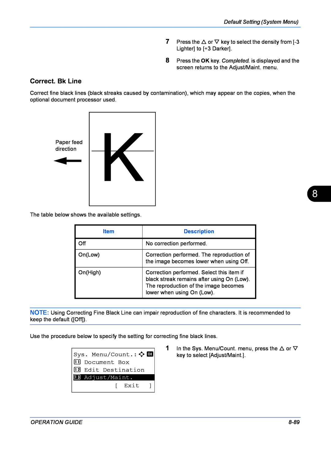 Kyocera FS-1128MFP Correct. Bk Line, Sys. Menu/Count.a b Document Box Edit Destination, Exit, Default Setting System Menu 