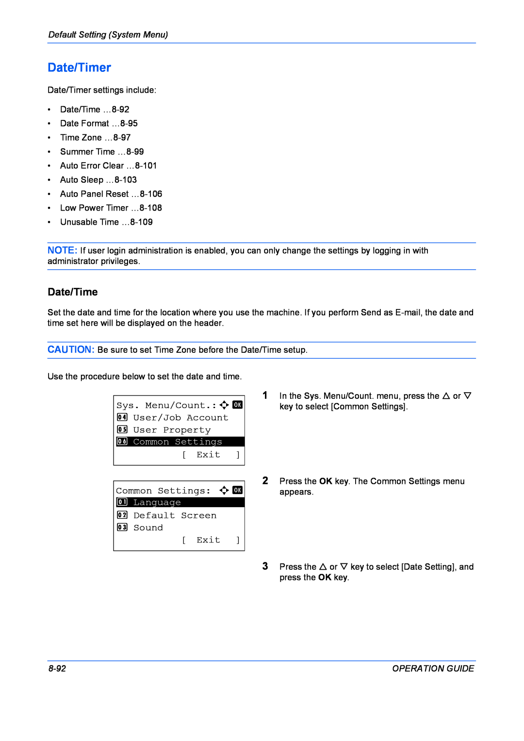 Kyocera FS-1028MFP Date/Timer, Sys. Menu/Count.a b 4 User/Job Account 5 User Property, Exit, Common Settings a b, 8-92 