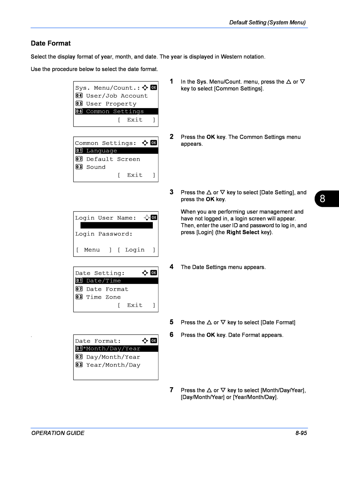 Kyocera FS-1128MFP Date Format, Sys. Menu/Count.a b 4 User/Job Account 5 User Property, Exit, Common Settings a b, 8-95 