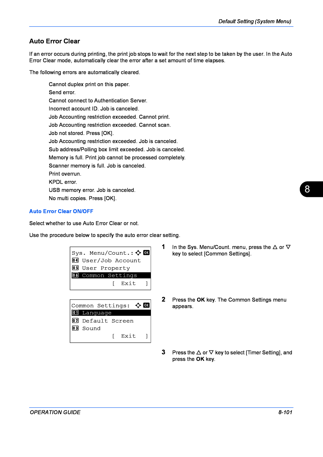 Kyocera FS-1128MFP Auto Error Clear, Sys. Menu/Count.a b 4 User/Job Account 5 User Property, Exit, Common Settings a b 