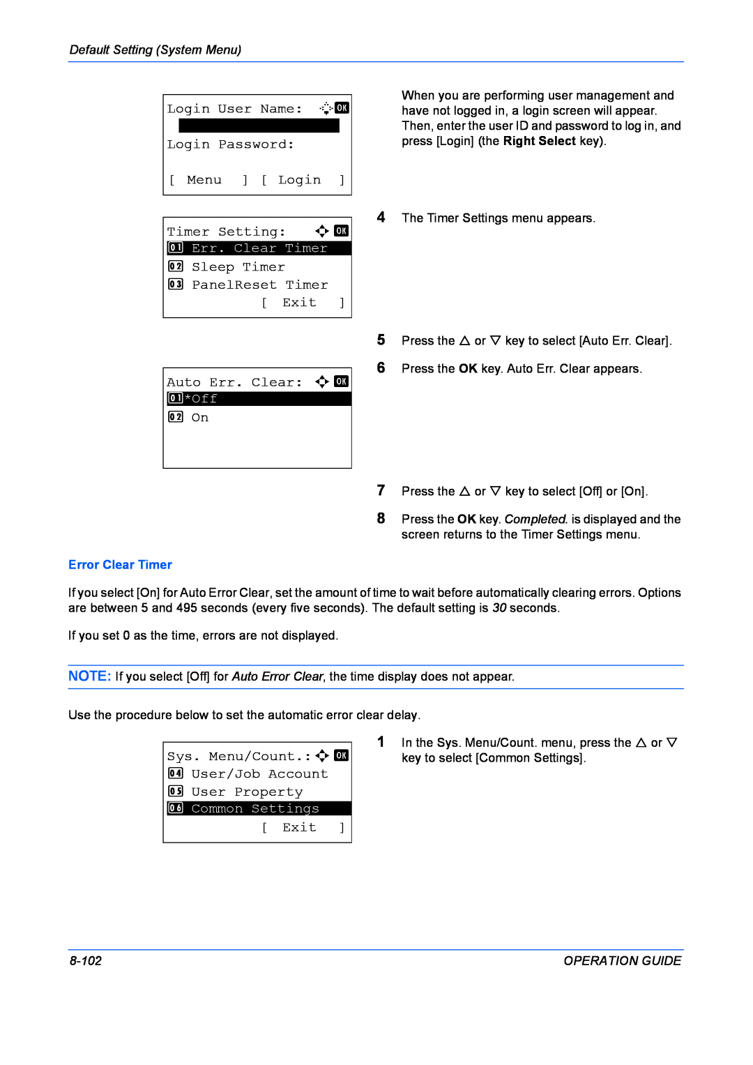 Kyocera FS-1028MFP Login User Name L b, Login Password Menu Login Timer Setting a b, Sleep Timer 3 PanelReset Timer Exit 