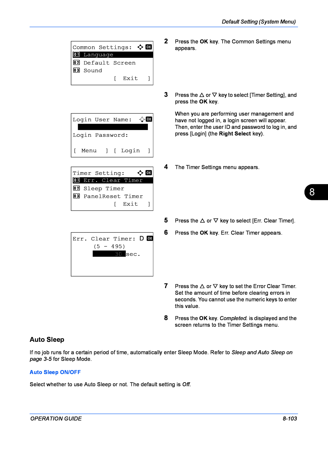 Kyocera FS-1128MFP manual Auto Sleep, Common Settings a b, Default Screen 3 Sound Exit, Login User Name L b, 30*sec, 8-103 