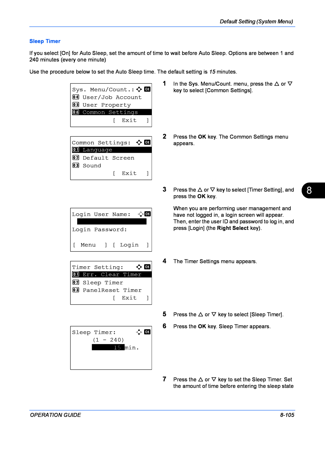 Kyocera FS-1128MFP Sys. Menu/Count.a b 4 User/Job Account 5 User Property, Exit, Common Settings a b, Sleep Timer D b 1 