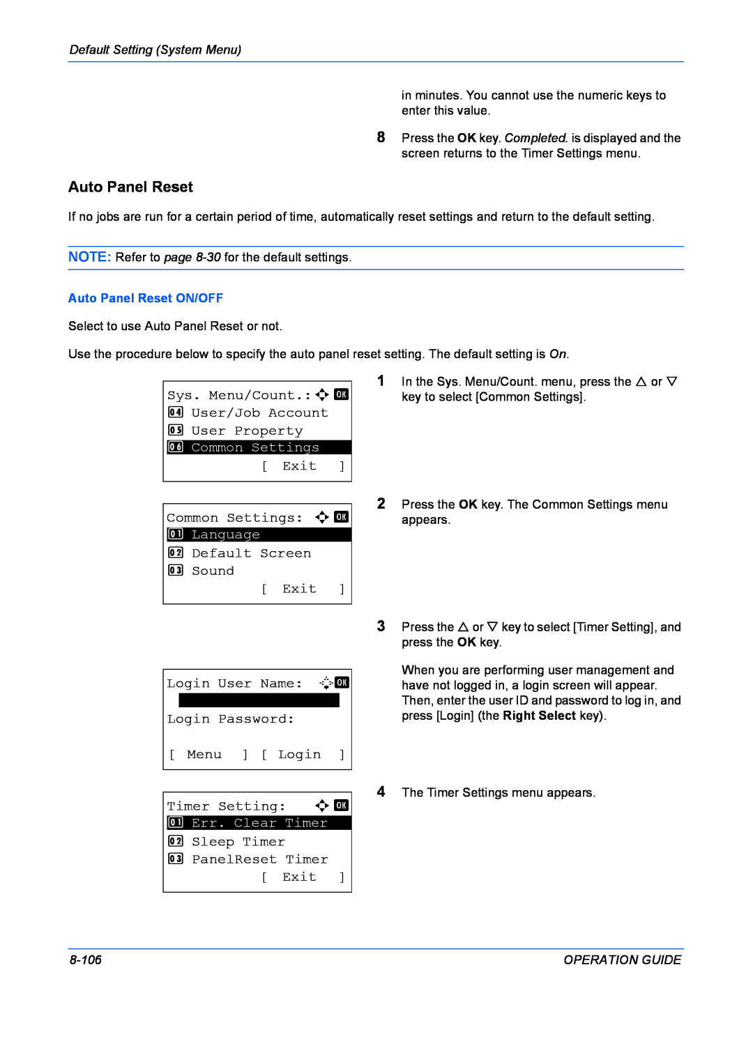 Kyocera FS-1028MFP Auto Panel Reset, Sys. Menu/Count.a b 4 User/Job Account 5 User Property, Exit, Common Settings a b 