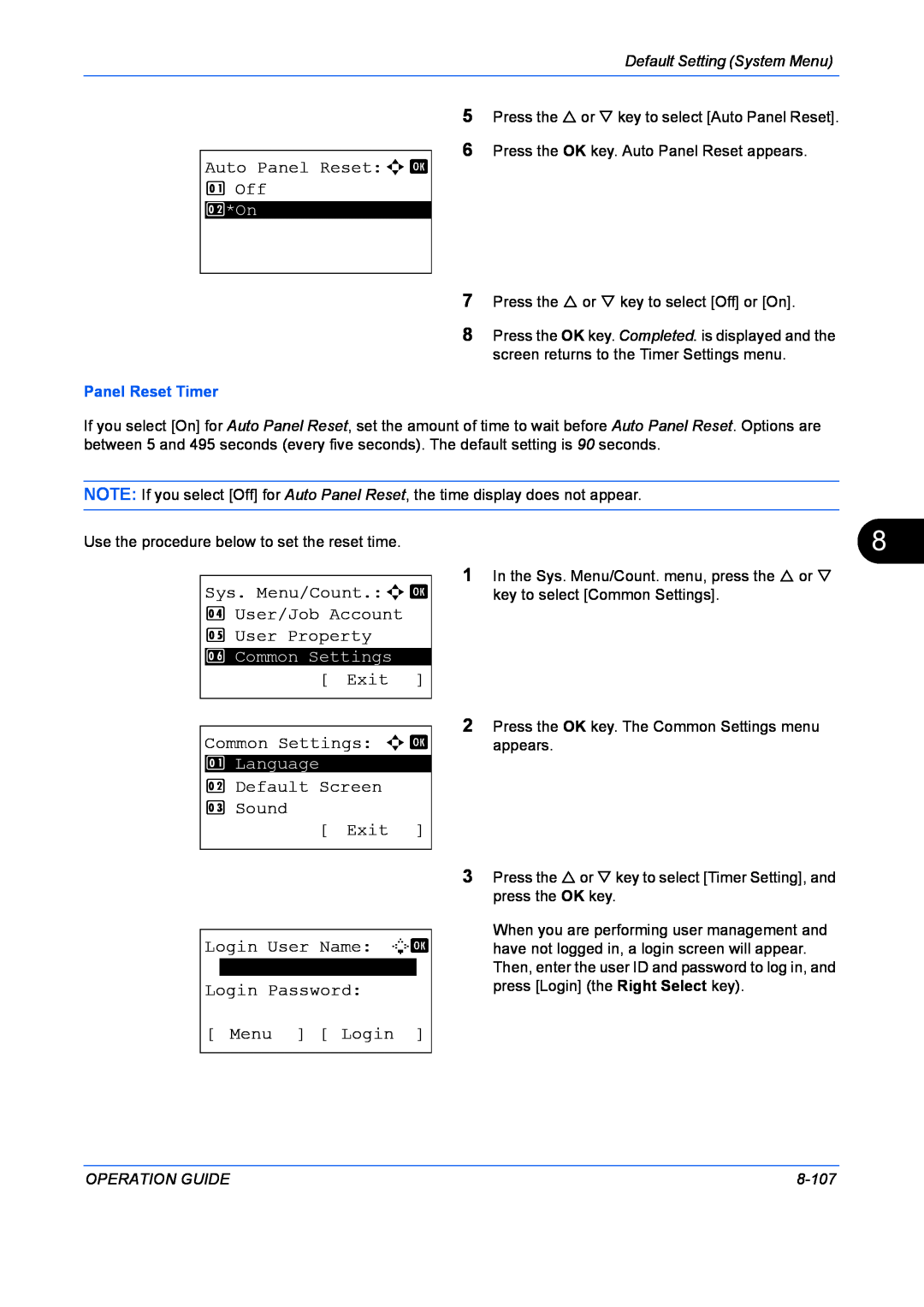 Kyocera FS-1128MFP Auto Panel Reseta b 1 Off, Sys. Menu/Count.a b, User/Job Account 5 User Property, Exit, Login Password 