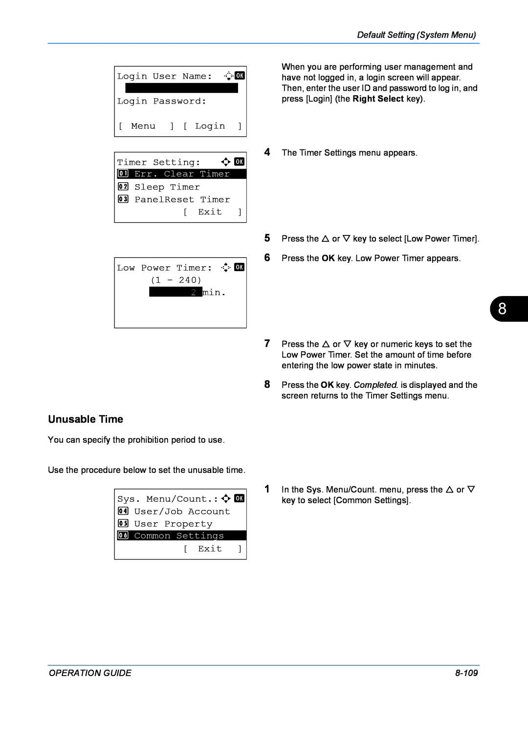 Kyocera FS-1128MFP Unusable Time, Login User Name L b, Login Password Menu Login Timer Setting a b, Low Power Timer D b 1 