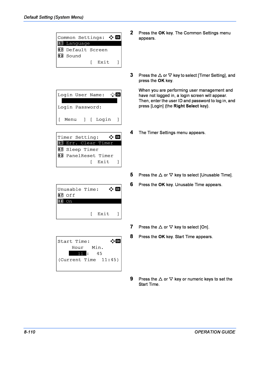 Kyocera FS-1028MFP Common Settings a b, Default Screen 3 Sound Exit Login User Name L b, Start Time, Hour, Current Time 