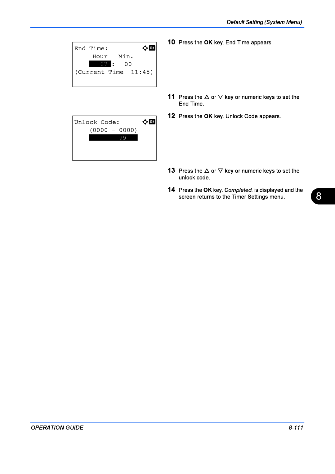 Kyocera FS-1128MFP End Time, Hour, Current Time, Unlock Code, 0000, Default Setting System Menu, Operation Guide, 8-111 