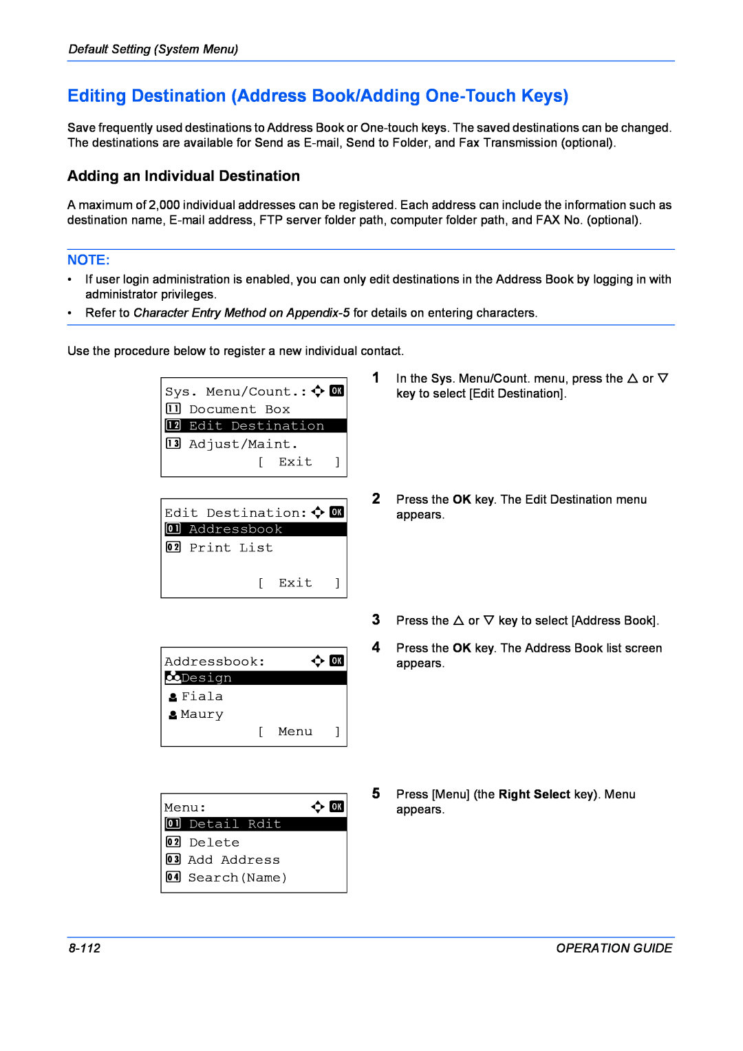 Kyocera FS-1028MFP Editing Destination Address Book/Adding One-Touch Keys, Adding an Individual Destination, Print List 