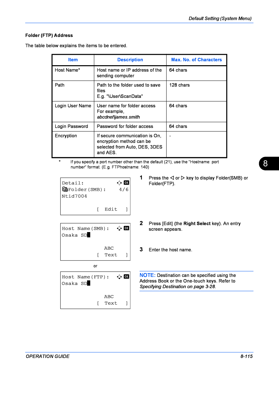 Kyocera FS-1128MFP Detail, G FolderSMB, Ntid7004, Edit, Host NameSMB A b Osaka SD ABC Text, Default Setting System Menu 