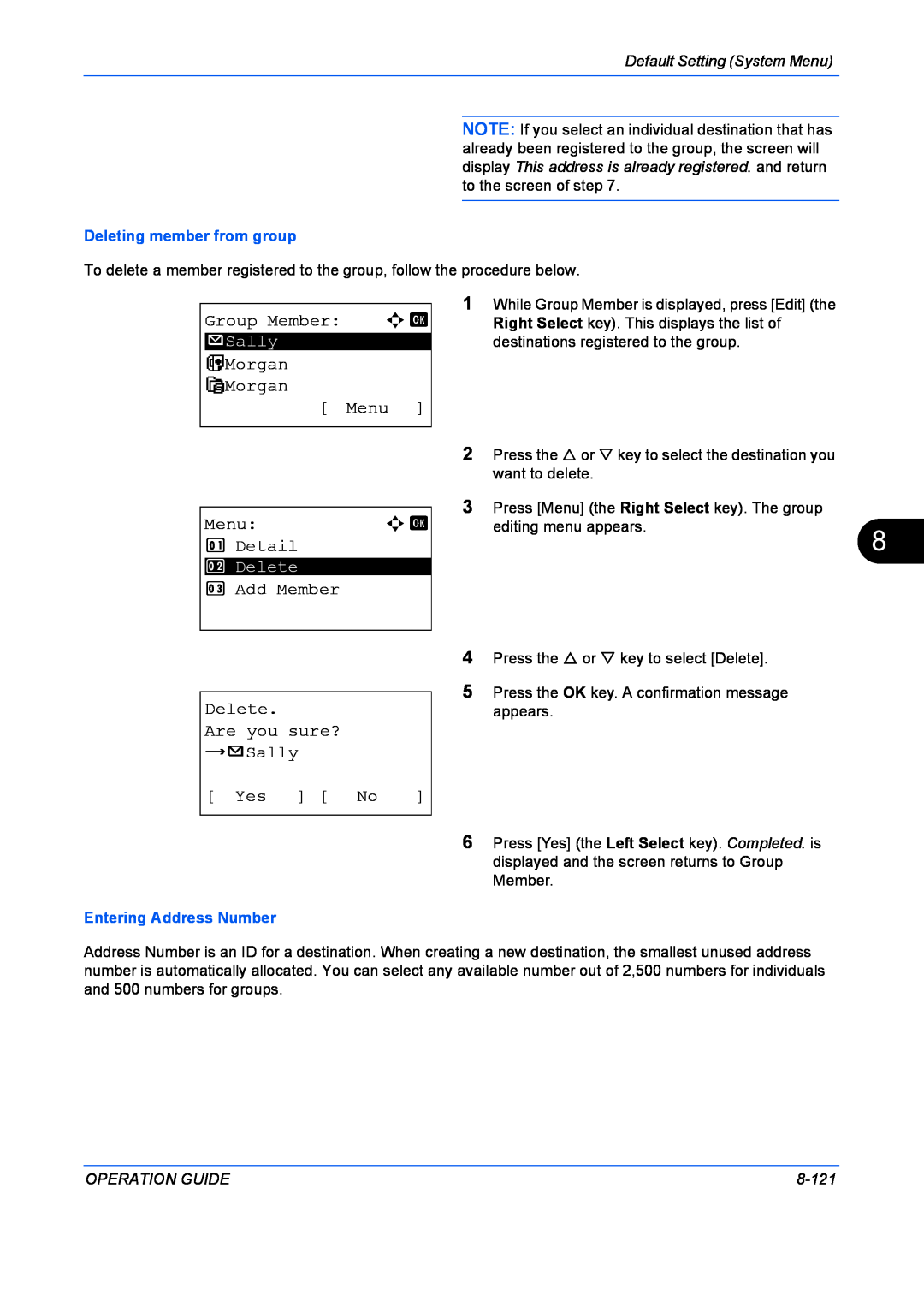 Kyocera FS-1128MFP Group Member a b, b Morgan G Morgan Menu, Detail, Add Member, Delete Are you sure? z p Sally, Yes No 