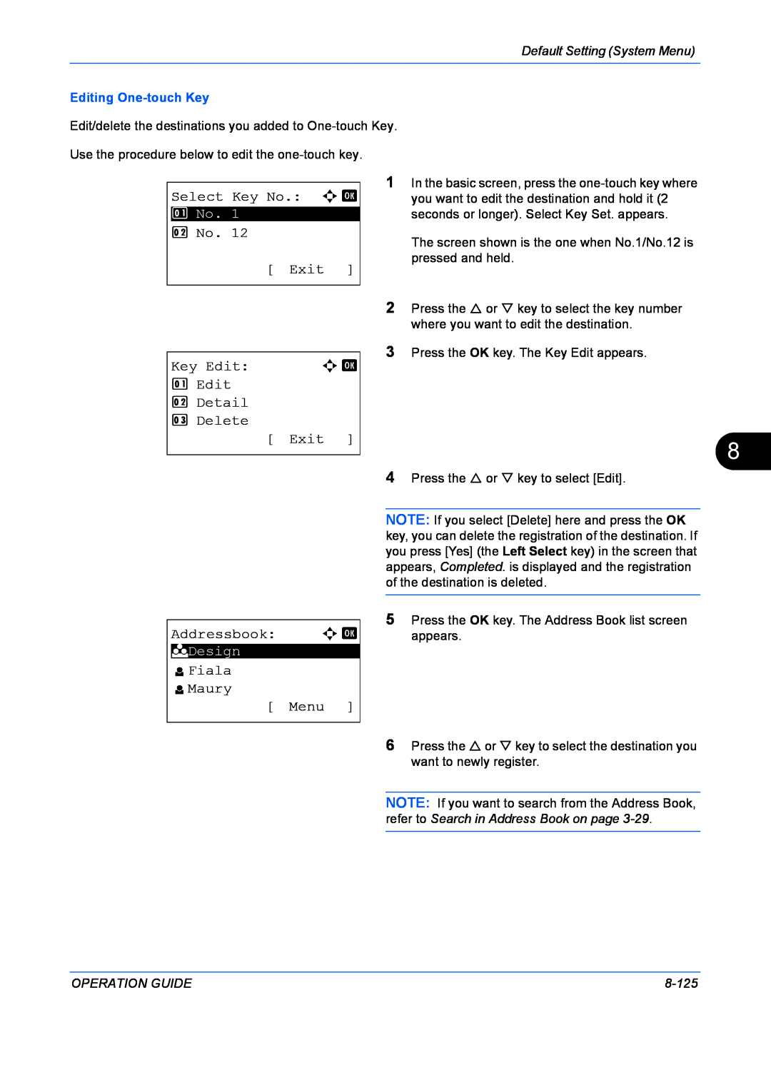 Kyocera FS-1128MFP Select Key No. a b, No Exit, Key Edit, Detail, Delete, Addressbook a b, l Fiala l Maury Menu, 8-125 