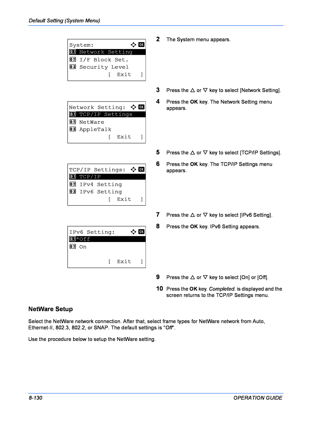 Kyocera FS-1028MFP NetWare Setup, Systema b, 2 I/F Block Set 3 Security Level Exit Network Setting a b, IPv6 Setting a b 