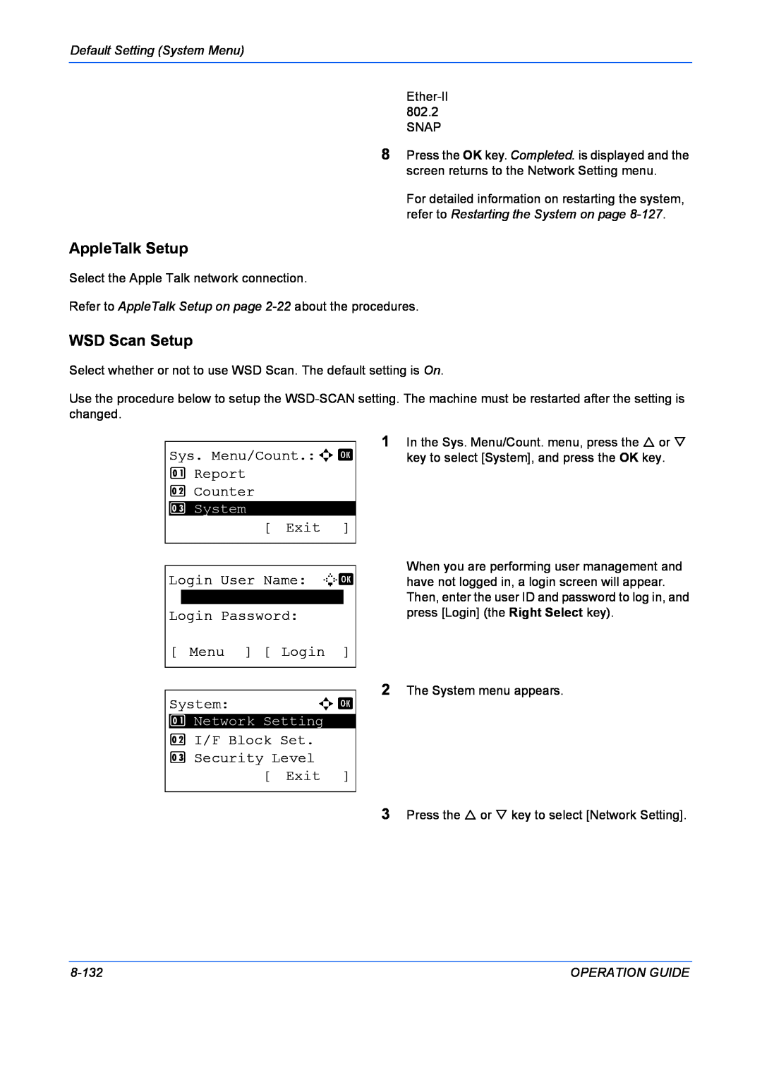 Kyocera FS-1028MFP WSD Scan Setup, AppleTalk Setup, Sys. Menu/Count.a b 1 Report 2 Counter, Exit, Login User Name L b 